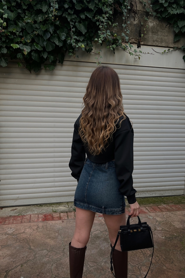 Siyah Gömlek Yaka Crop Top ATE3420