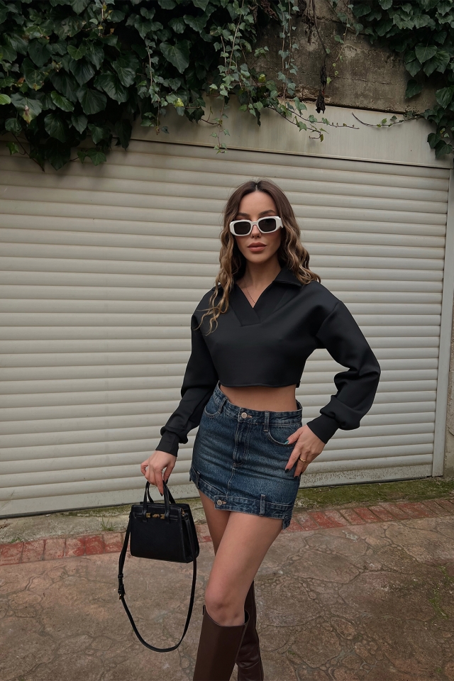 Siyah Gömlek Yaka Crop Top ATE3420