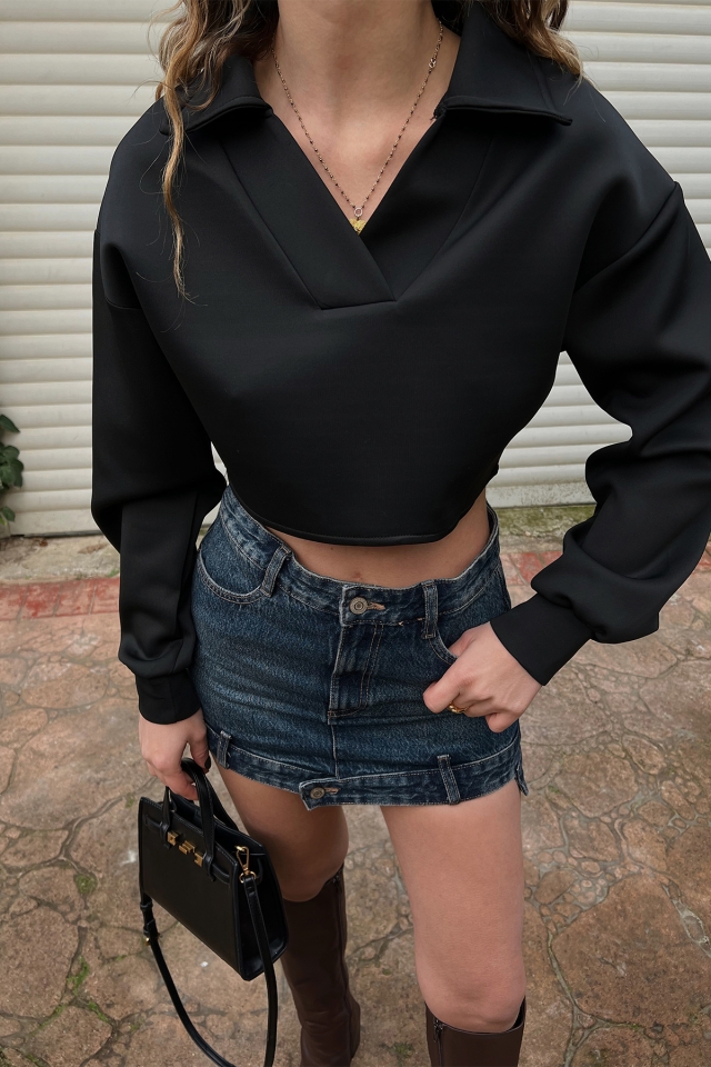 Siyah Gömlek Yaka Crop Top ATE3420