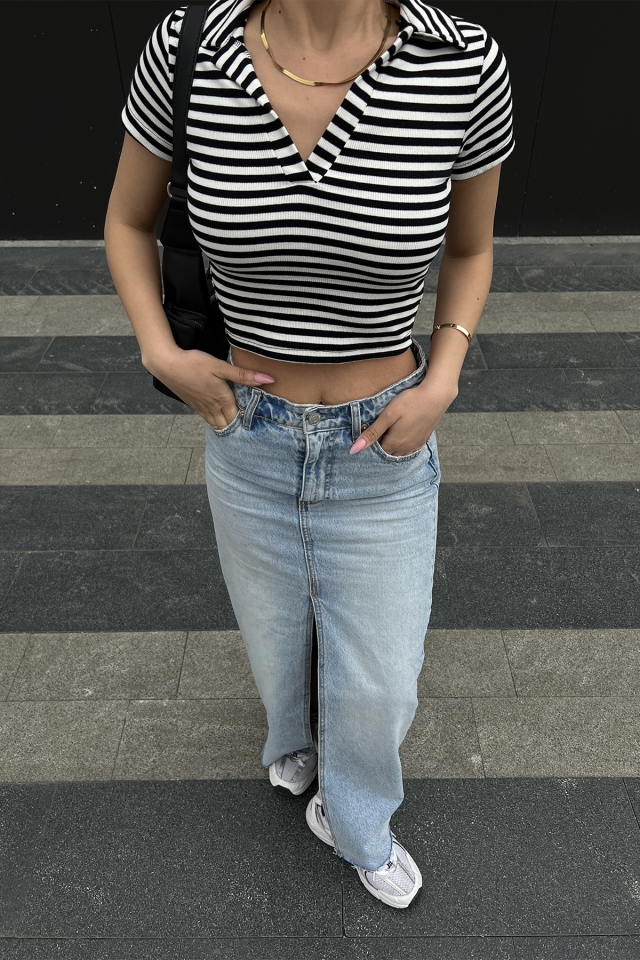 Siyah Gömlek Yaka Crop Top ATE4961