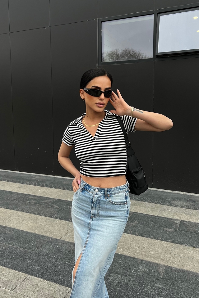 Siyah Gömlek Yaka Crop Top ATE4961