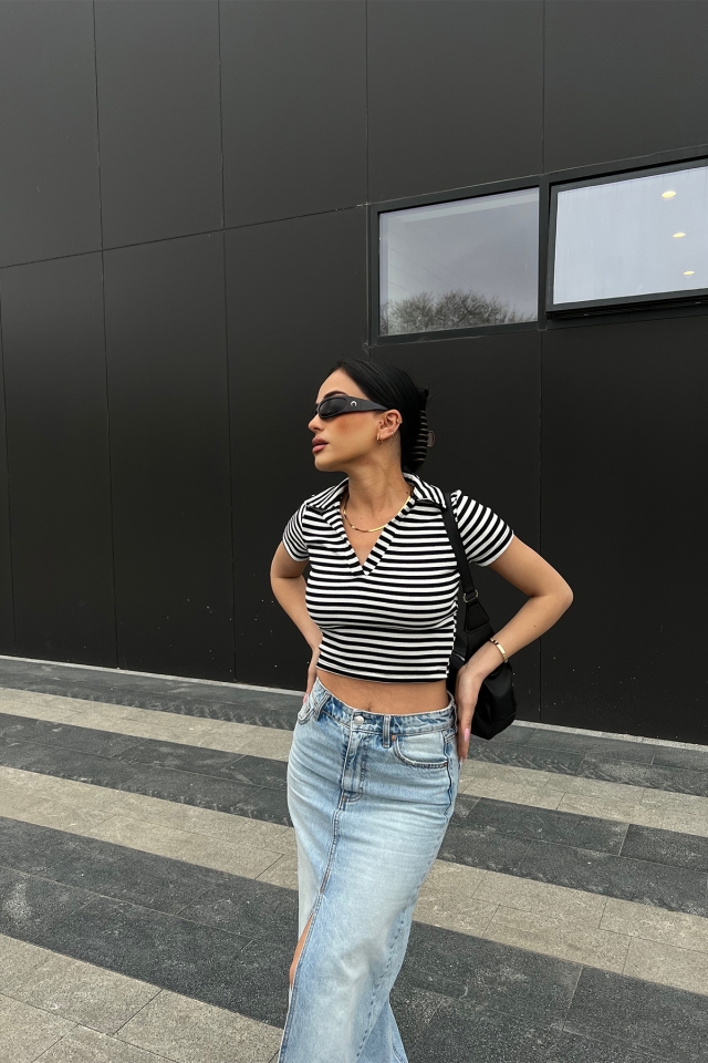 Siyah Gömlek Yaka Crop Top ATE4961