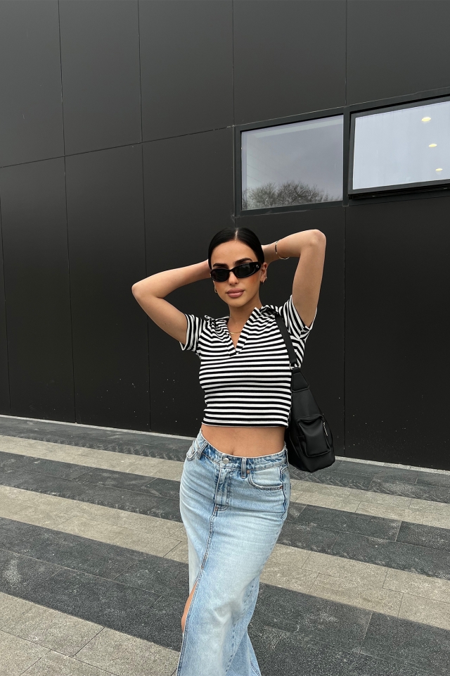 Siyah Gömlek Yaka Crop Top ATE4961
