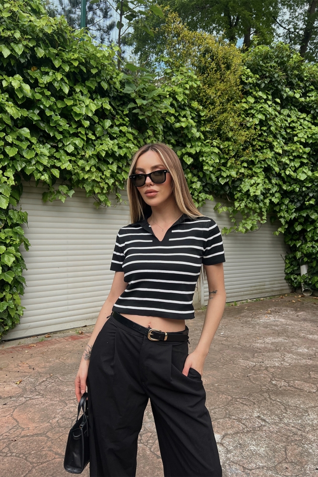 Siyah Gömlek Yaka Crop Top ATE6823 (1)