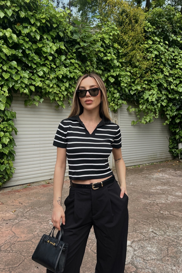 Siyah Gömlek Yaka Crop Top ATE6823