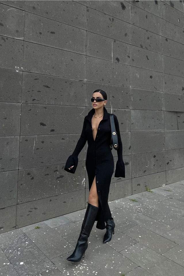 Siyah Gömlek Yaka Triko Elbise ATE2467