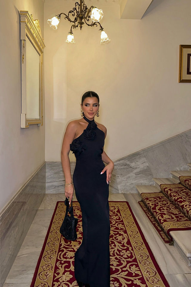 Siyah Sergio Gül Detaylı Elbise ATE-0222 - EYYO