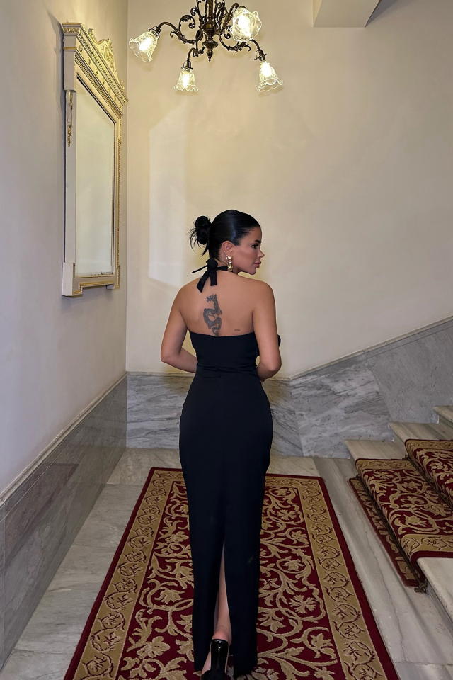 Siyah Sergio Gül Detaylı Elbise ATE-0222
