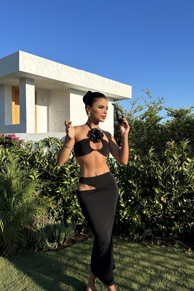 Siyah Gül Detay Etekli Takım ATEL2241 - BİG FASHİON