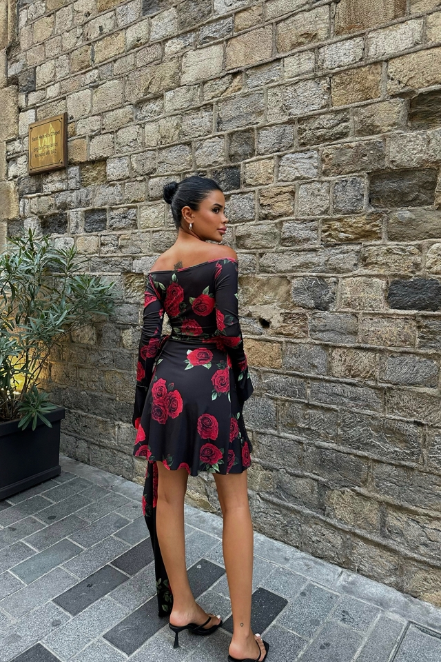 Siyah Gül Detay Mini Elbise ATE8204