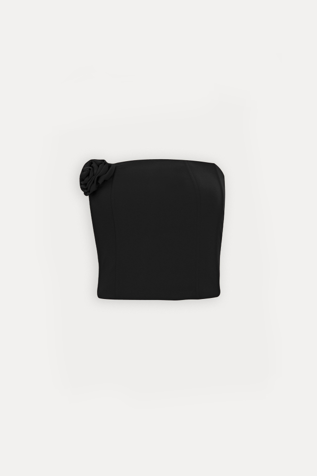Siyah Gül Detay Straplez Crop Top ATE-1118 - EYYO