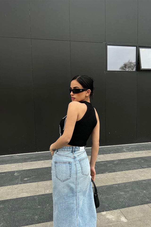 Siyah İnci Detay Crop Top ATE4773