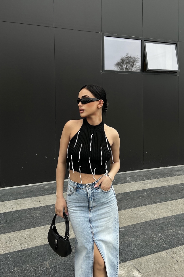 Siyah İnci Detay Crop Top ATE4773