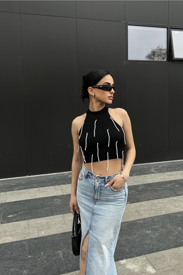 Siyah İnci Detay Crop Top ATE4773