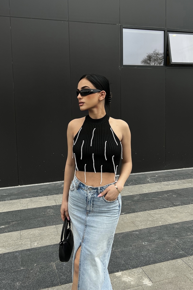 Siyah İnci Detay Crop Top ATE4773