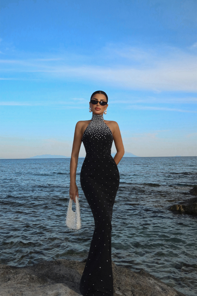 Siyah Josephine İncili Uzun Abiye ATE-3303