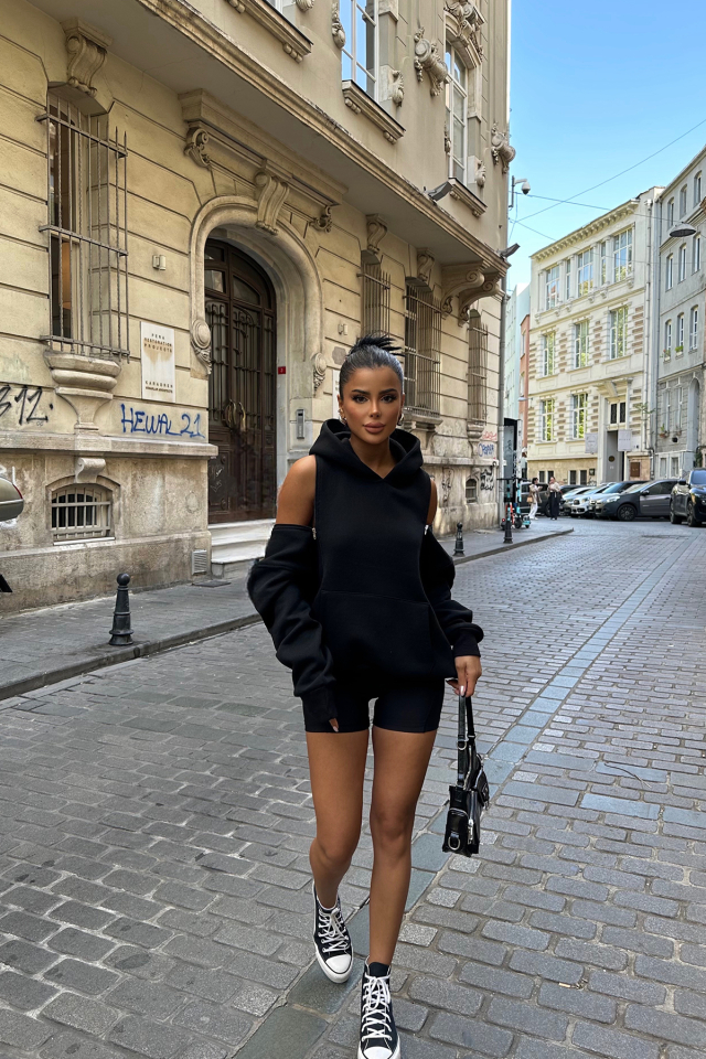 Siyah Kapşonlu Fermuar Detay Sweat ATE-0132 - UĞUR ERDURAN