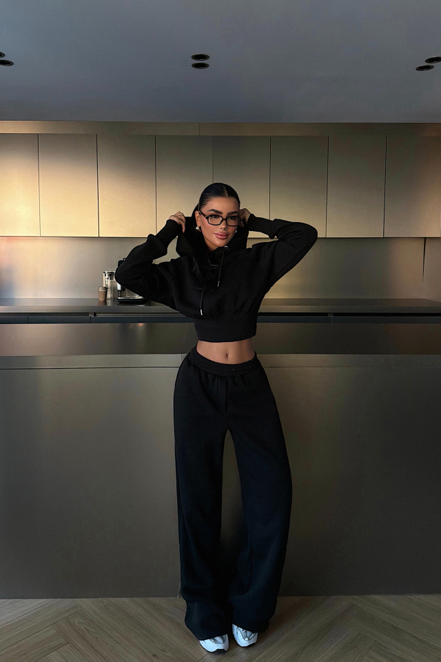 Siyah Scarf Kapşonlu Eşofman Takım ATE-3697 - EYYO