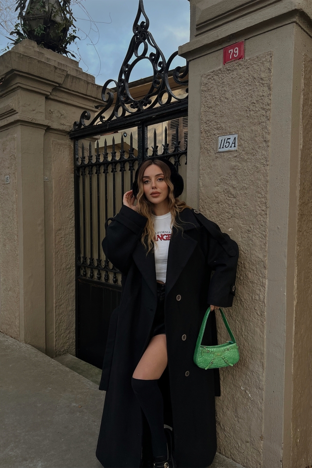 Siyah Oversize Kaşe Kaban ATE2913