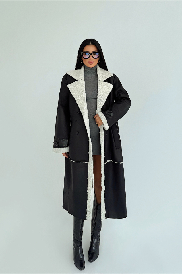 Siyah Taffeta Midi Boy İçi Kürklü Ceket ATE-3775
