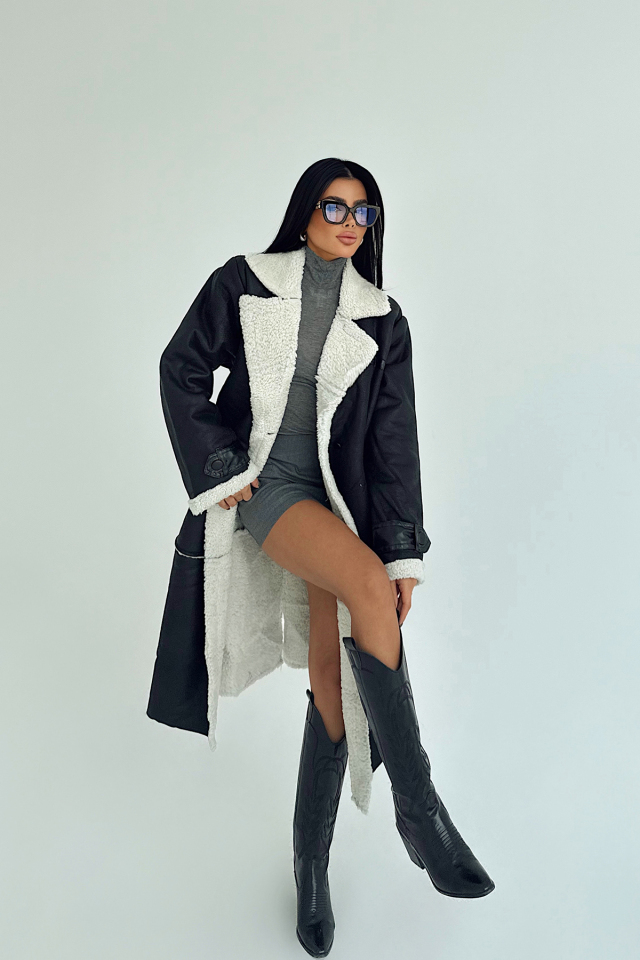 Siyah Taffeta Midi Boy İçi Kürklü Ceket ATE-3775