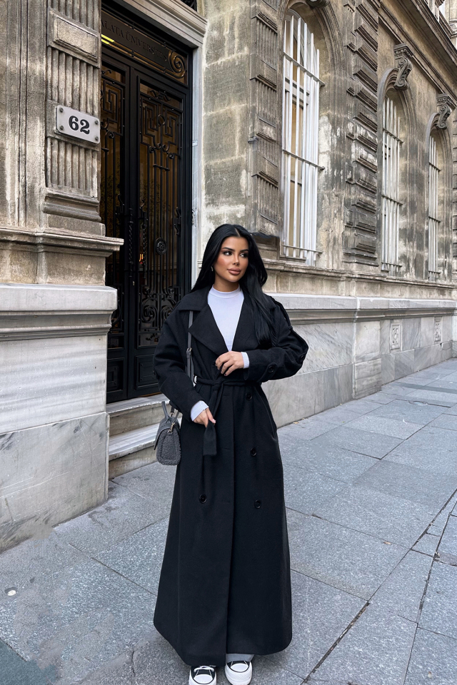 Siyah Kuşak Detay Düğmeli Kaban ATE-0745 - EYYO