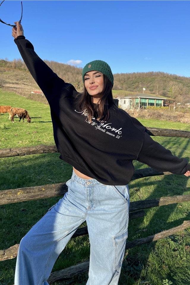 Siyah New York Baskılı Sweat ATE2590