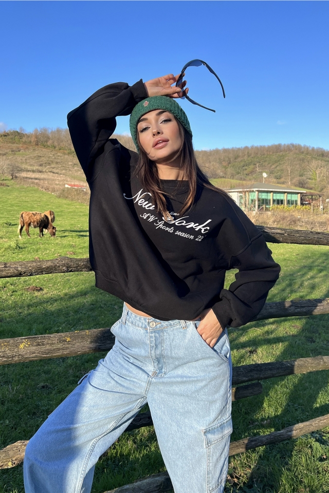 Siyah New York Baskılı Sweat ATE2590