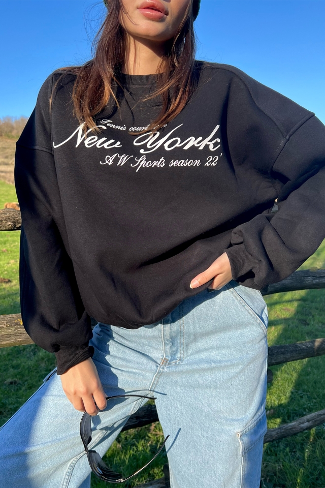 Siyah New York Baskılı Sweat ATE2590