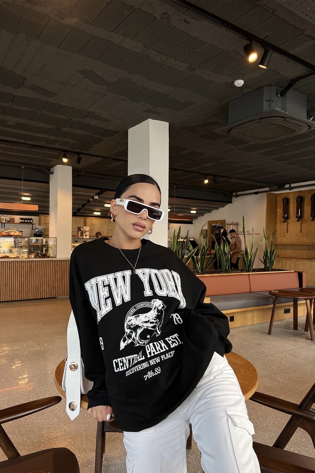 Siyah New York Önü Baskılı Sweat ATE2333