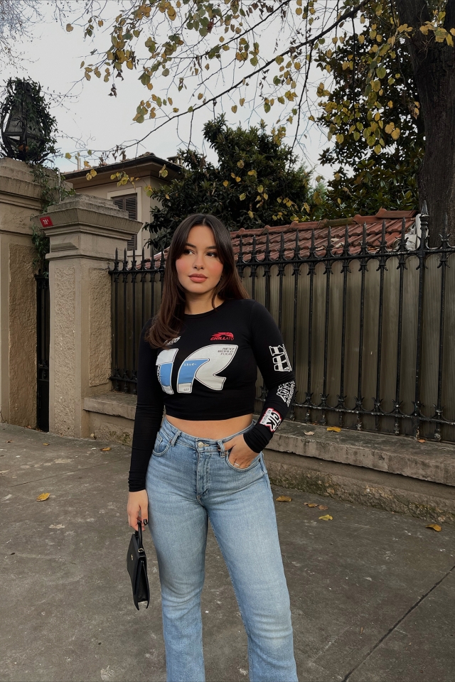 Siyah Önü Baskılı Crop Top ATE2922