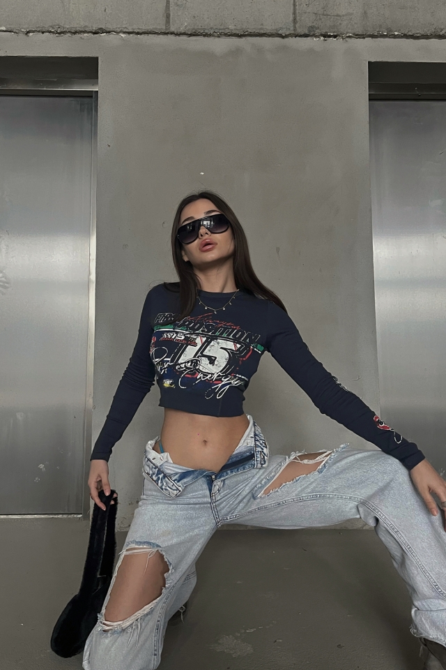 Siyah Önü Baskılı Crop Top ATE4207