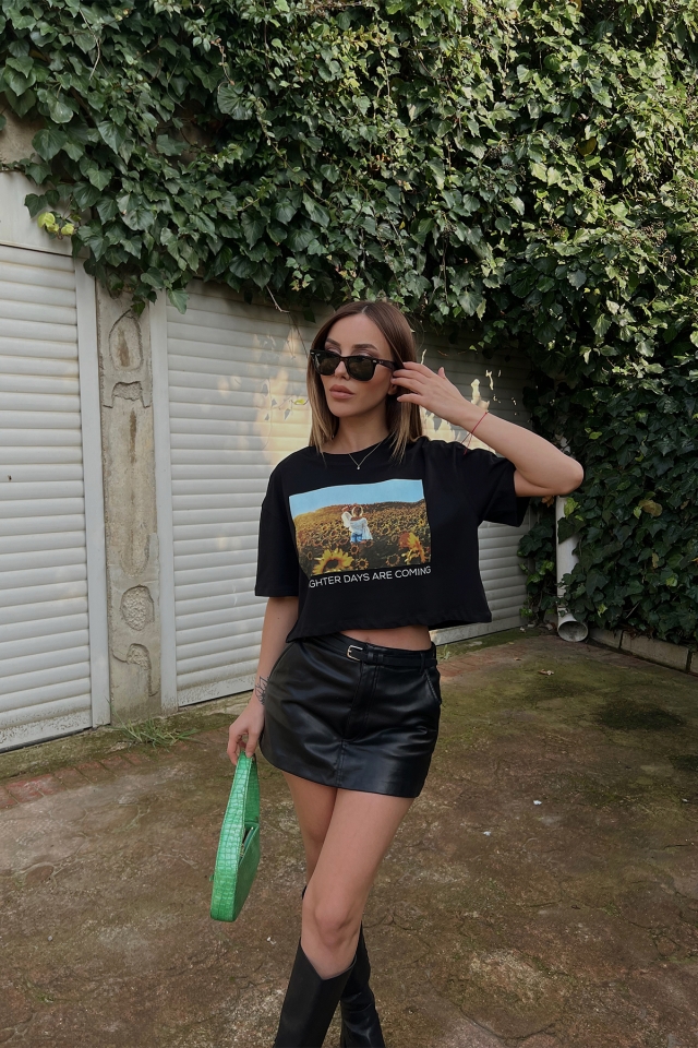 Siyah Önü Baskılı Crop Top ATE4310 - KALİMERA