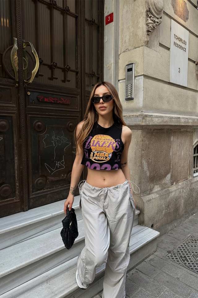 Siyah Önü Baskılı Crop Top ATE6548