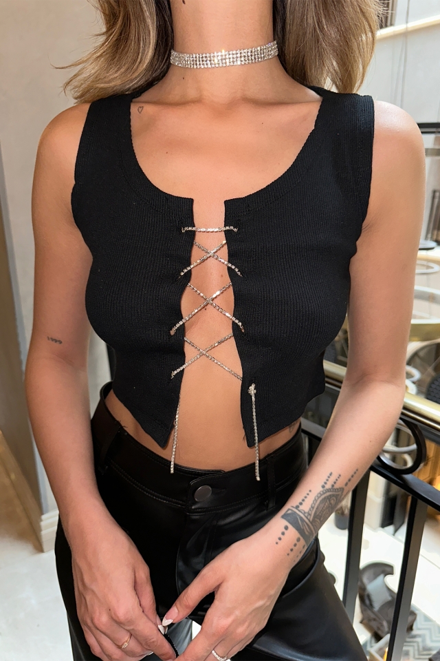Siyah Önü Taşlı Crop Top ATE6222