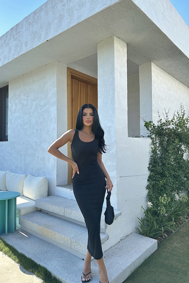 Siyah Önü Taşlı Uzun Elbise ATE7939 - EYYO