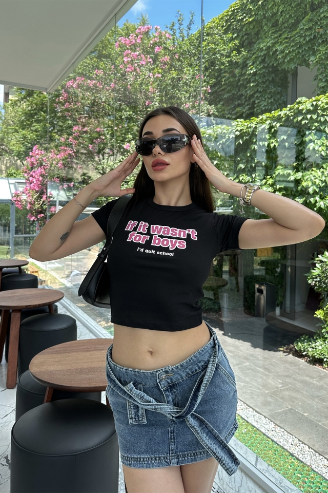 Siyah Önü Yazılı Crop Top ATE7326