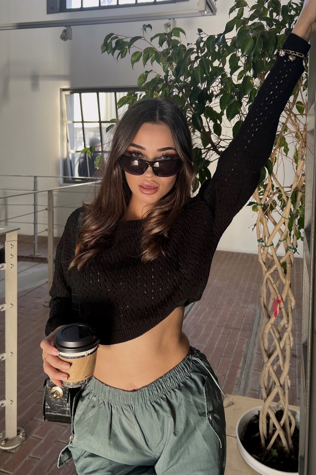 Siyah Örgü Detay Crop Top ATE3098