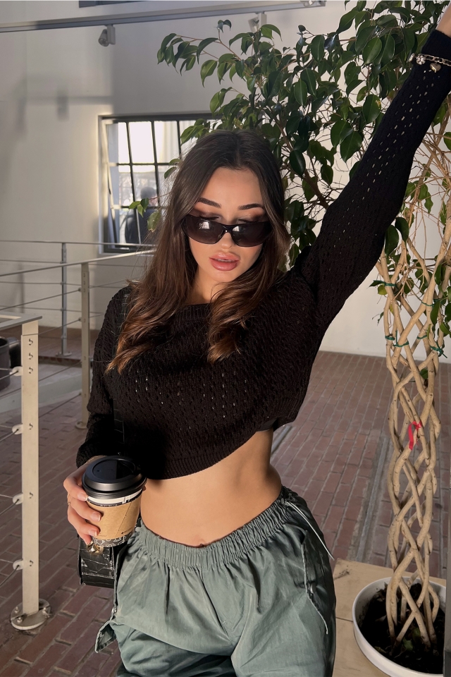 Siyah Örgü Detay Crop Top ATE3098