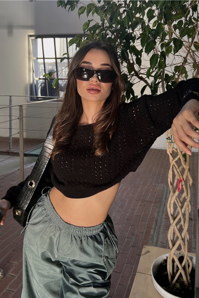 Siyah Örgü Detay Crop Top ATE3098