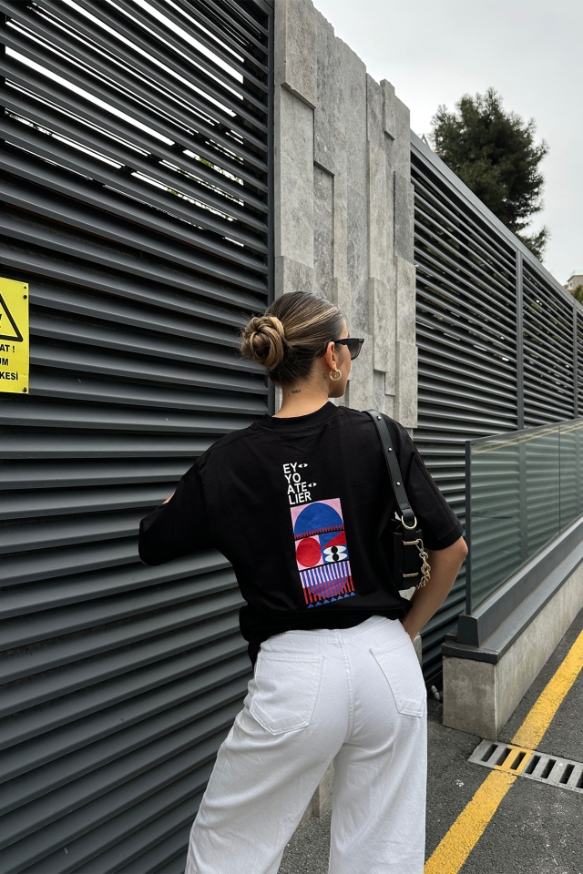 Siyah Oversize Baskılı Tişört ATE5086