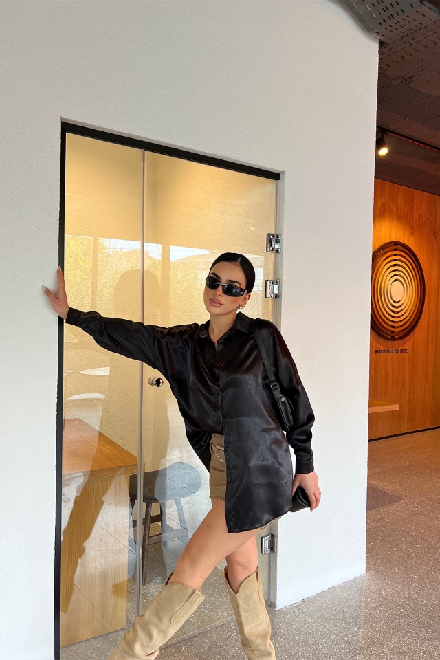 Siyah Oversize Önü Düğmeli Gömlek ATE3724