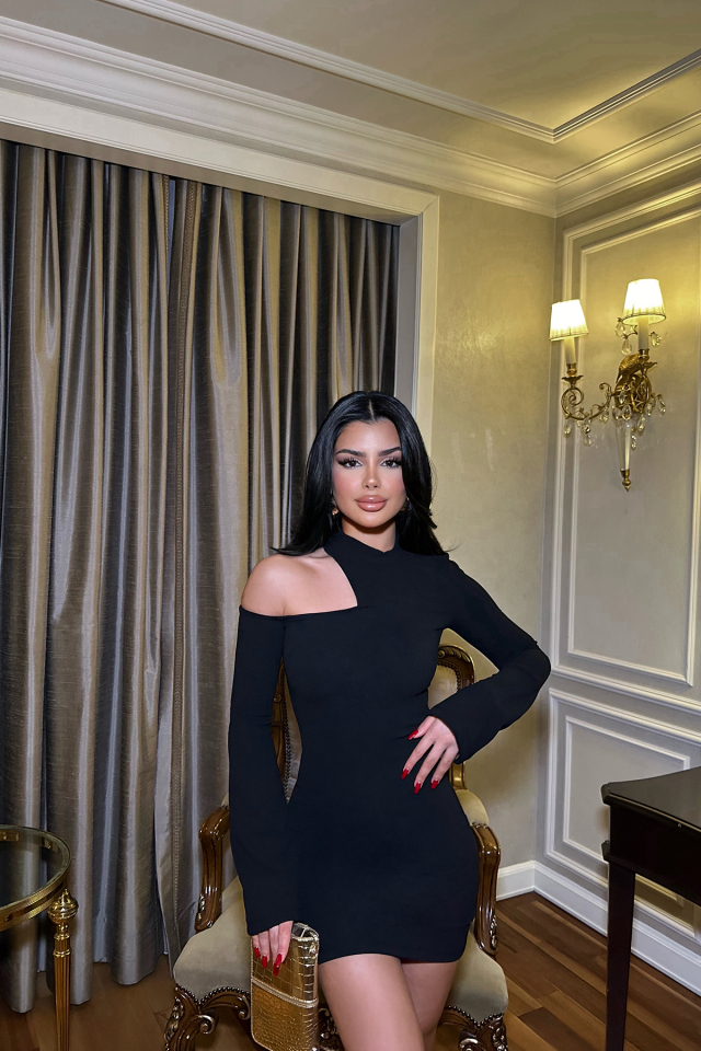 Siyah Pencere Detay Uzun Kol Elbise ATE-0843 - EYYO