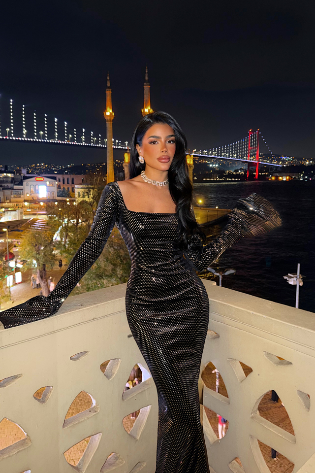 Siyah Tanith uzun ışıltılı elbise ATE-4187 - EYYO