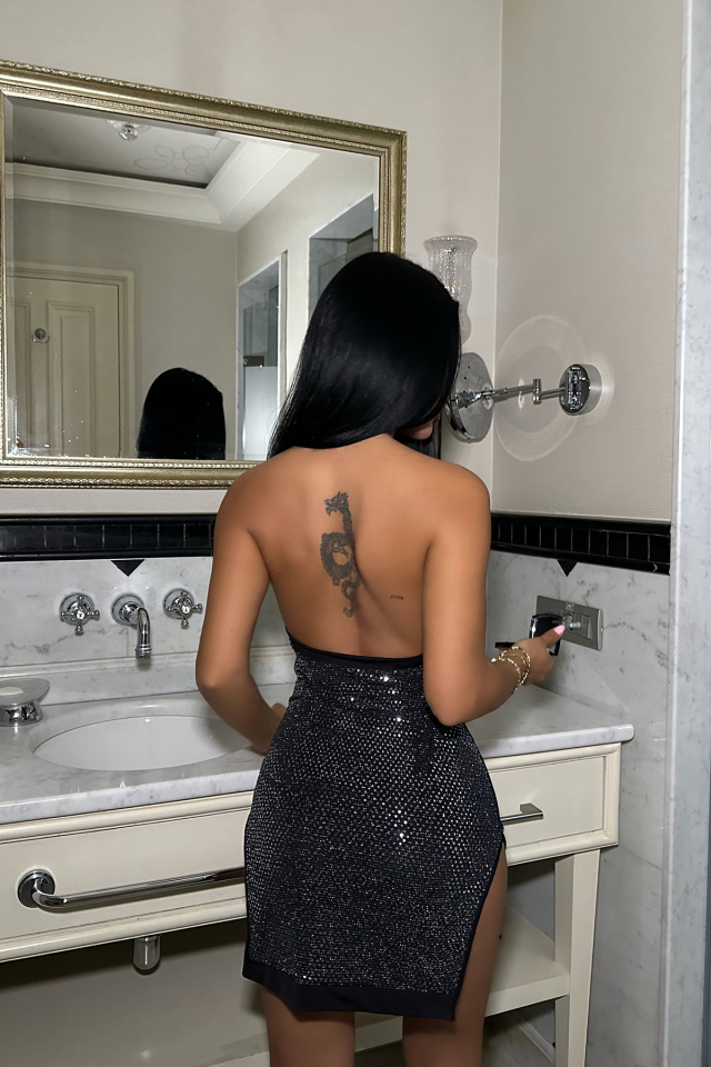 Siyah Pul Detay Zincirli Mini Elbise ATE-0361