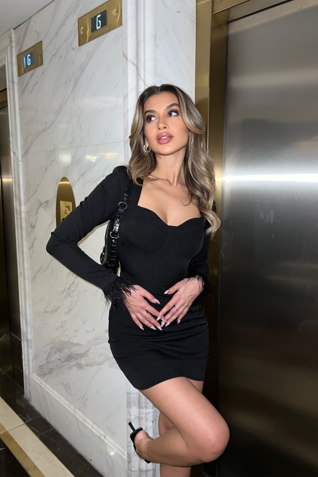 Siyah Püskül Detay Mini Elbise ATE4139