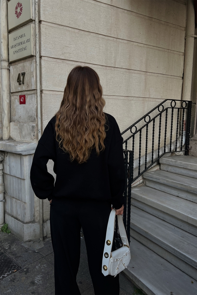 Siyah Santa Monica Baskılı Sweat ATE2398