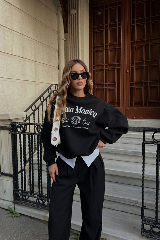 Siyah Santa Monica Baskılı Sweat ATE2398