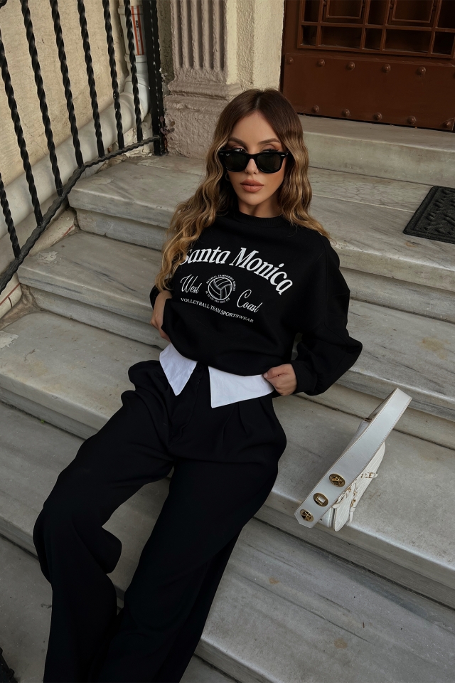 Siyah Santa Monica Baskılı Sweat ATE2398