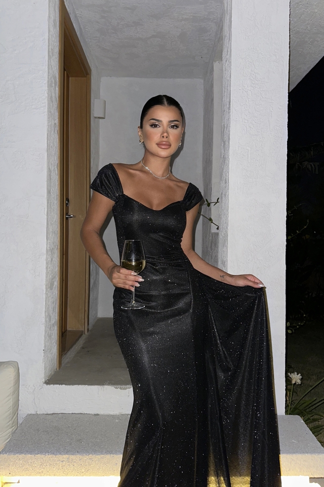 Siyah Simli Uzun Abiye Elbise ATE7688 - EYYO